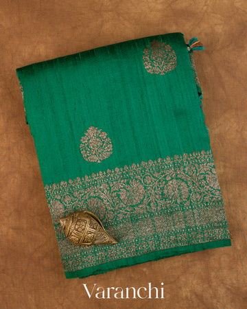 Rama Green Pure Raw Silk Handloom Saree — Folded