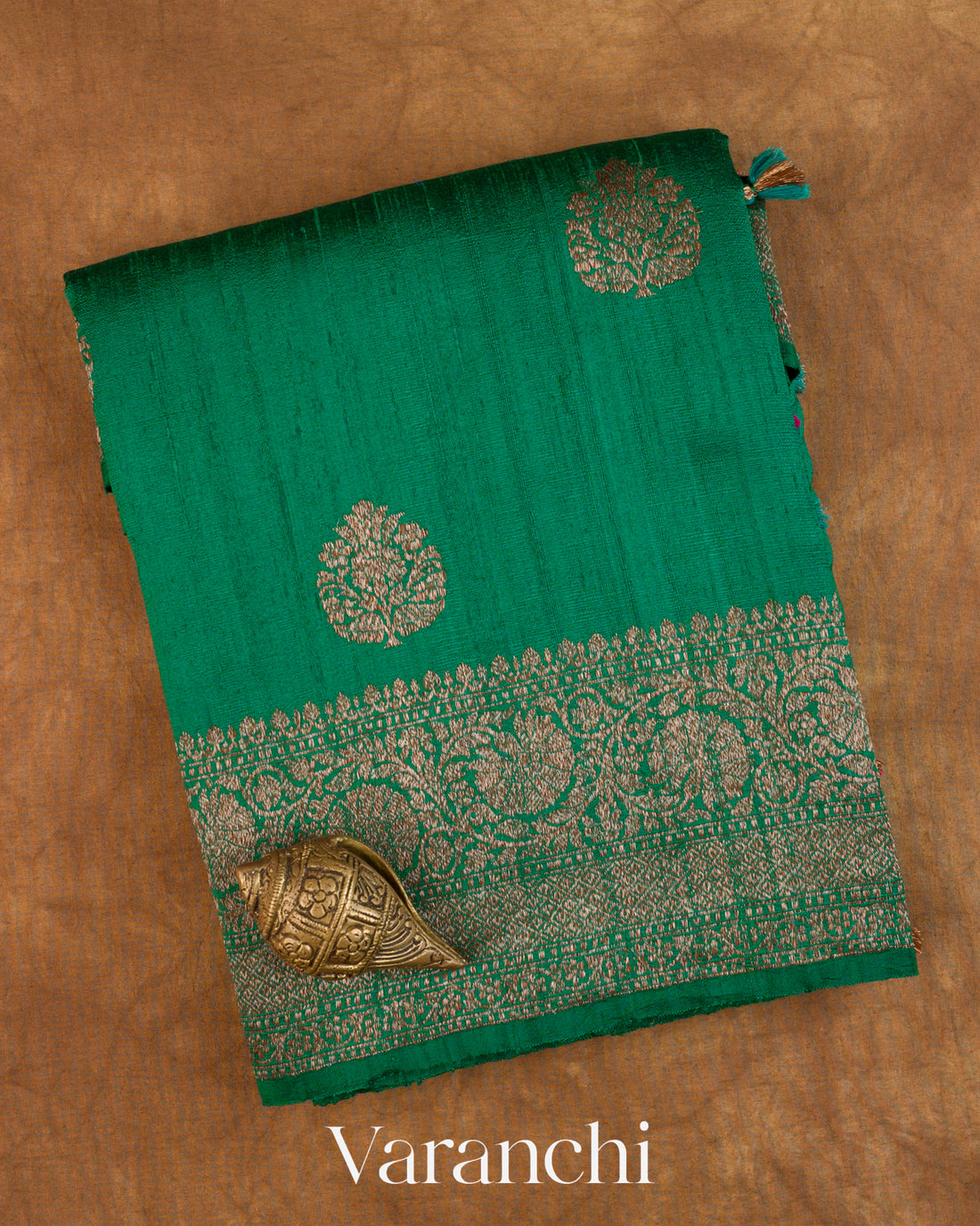 Rama Green Pure Raw Silk Handloom Saree — Folded