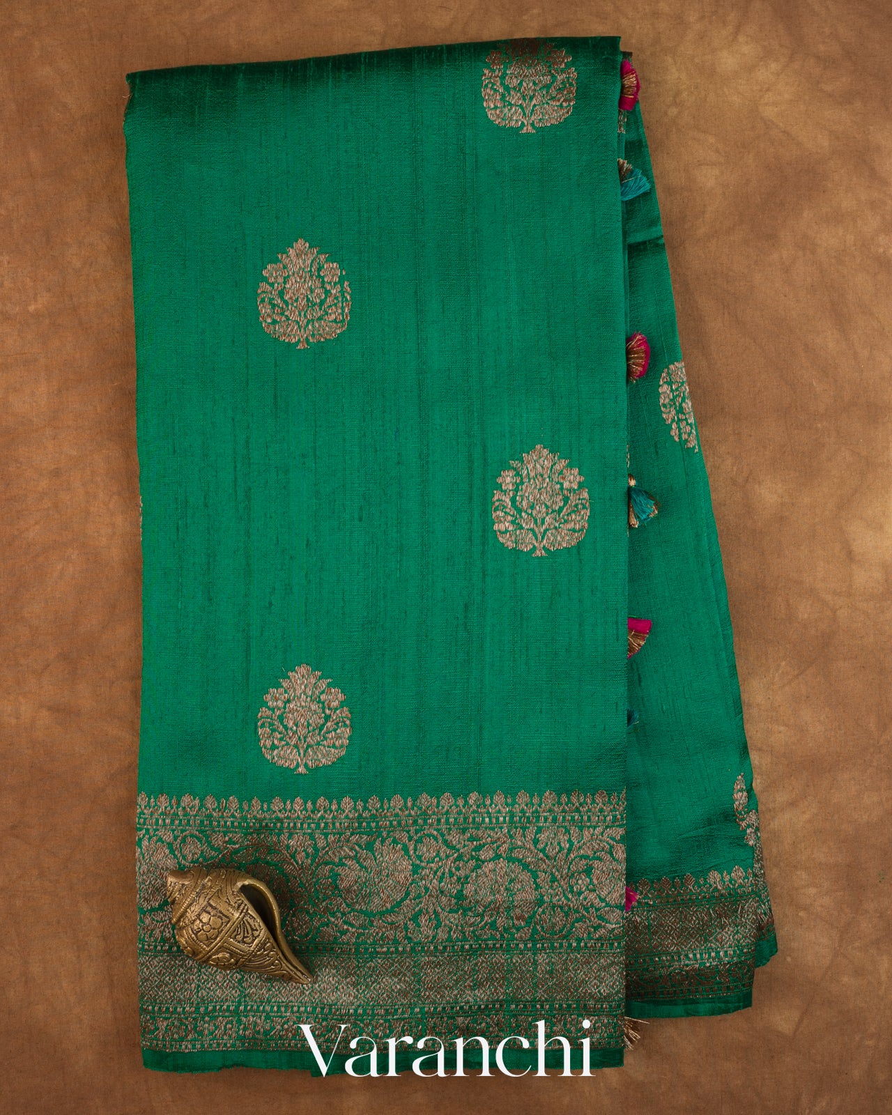 Rama Green Pure Raw Silk Handloom Saree — Full Saree