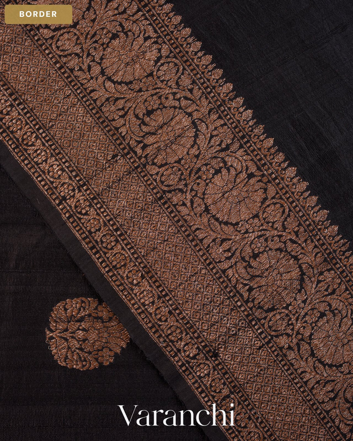 Jet Black Pure Raw Silk Handloom Saree — Border
