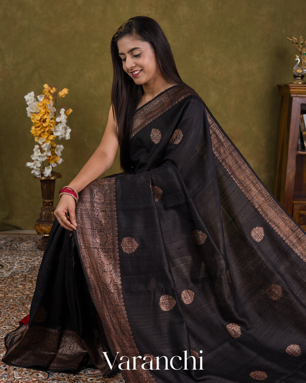 Jet Black Pure Raw Silk Handloom Saree — Draped