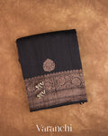 Jet Black Pure Raw Silk Handloom Saree — Folded