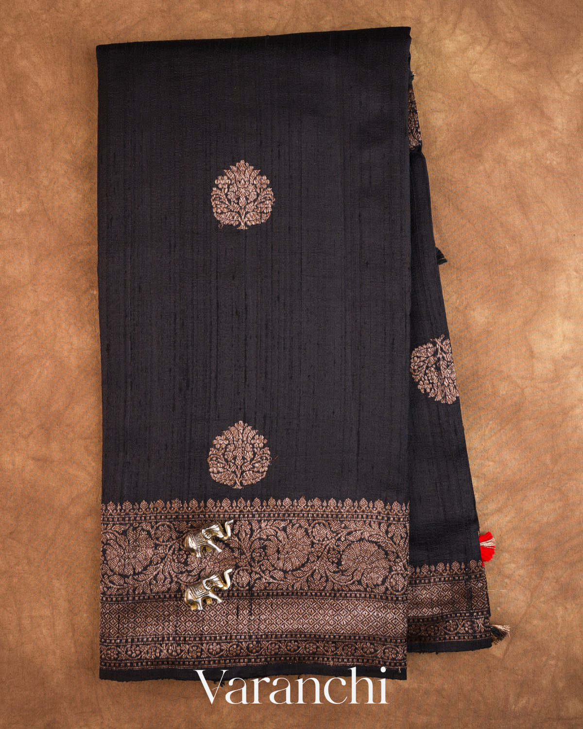 Jet Black Pure Raw Silk Handloom Saree — Full Saree