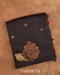 Jet Black Borderless Pure Raw Silk Handloom Saree — Folded