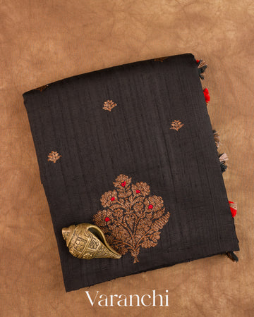 Jet Black Borderless Pure Raw Silk Handloom Saree — Folded