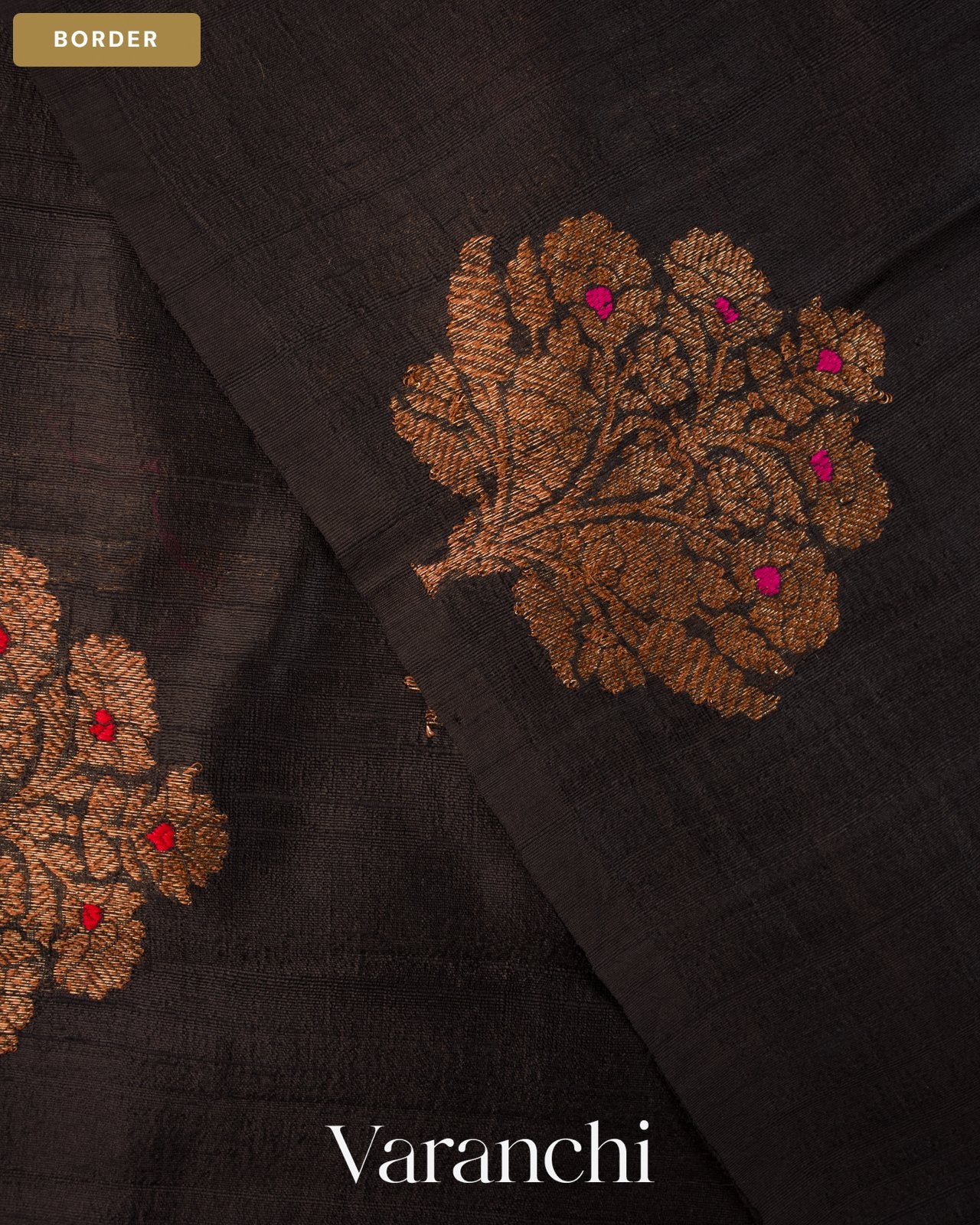 Jet Black Borderless Pure Raw Silk Handloom Saree — Border