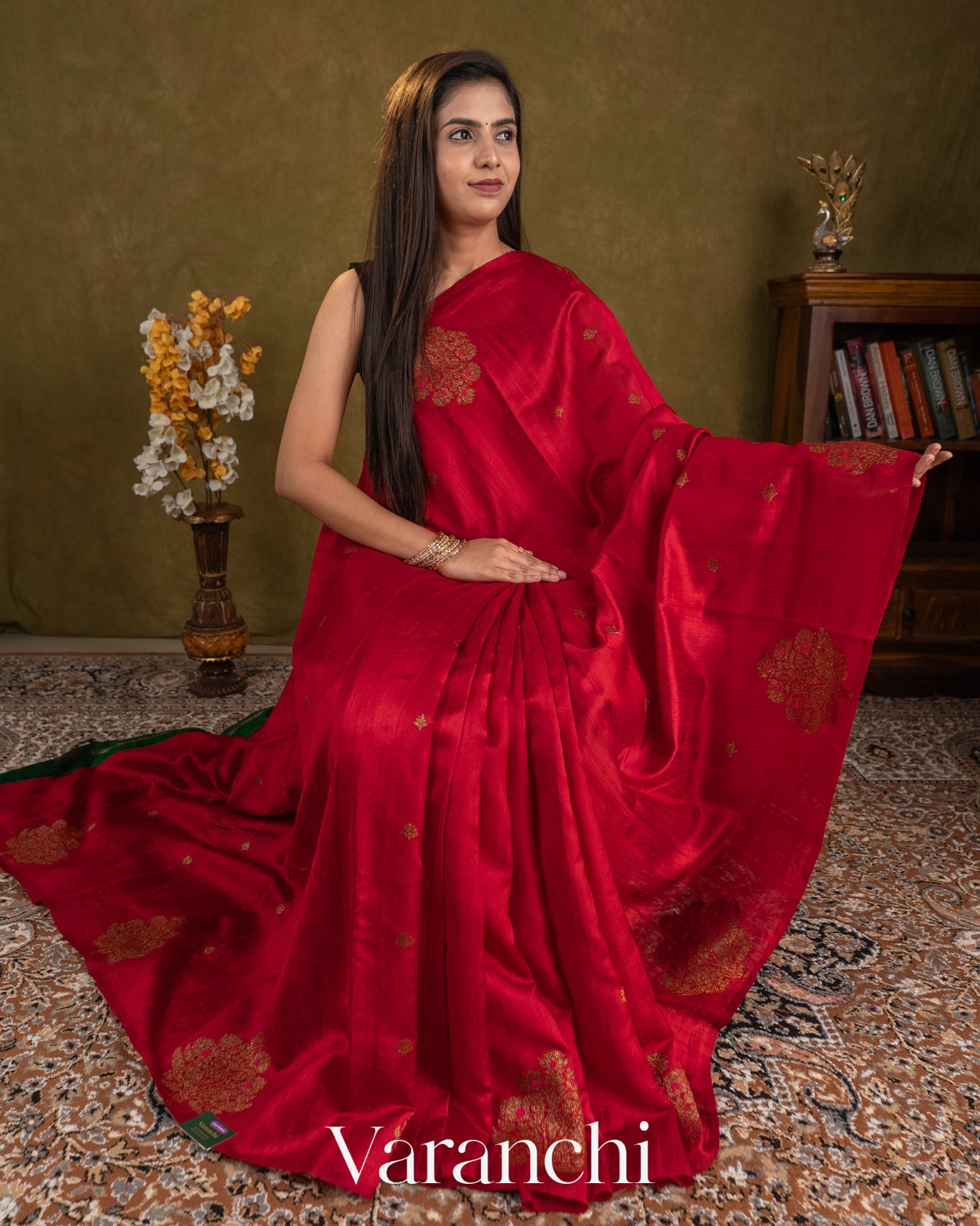 Ruby Red Borderless Pure Raw Silk Handloom Saree — Draped