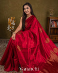 Ruby Red Borderless Pure Raw Silk Handloom Saree — Draped
