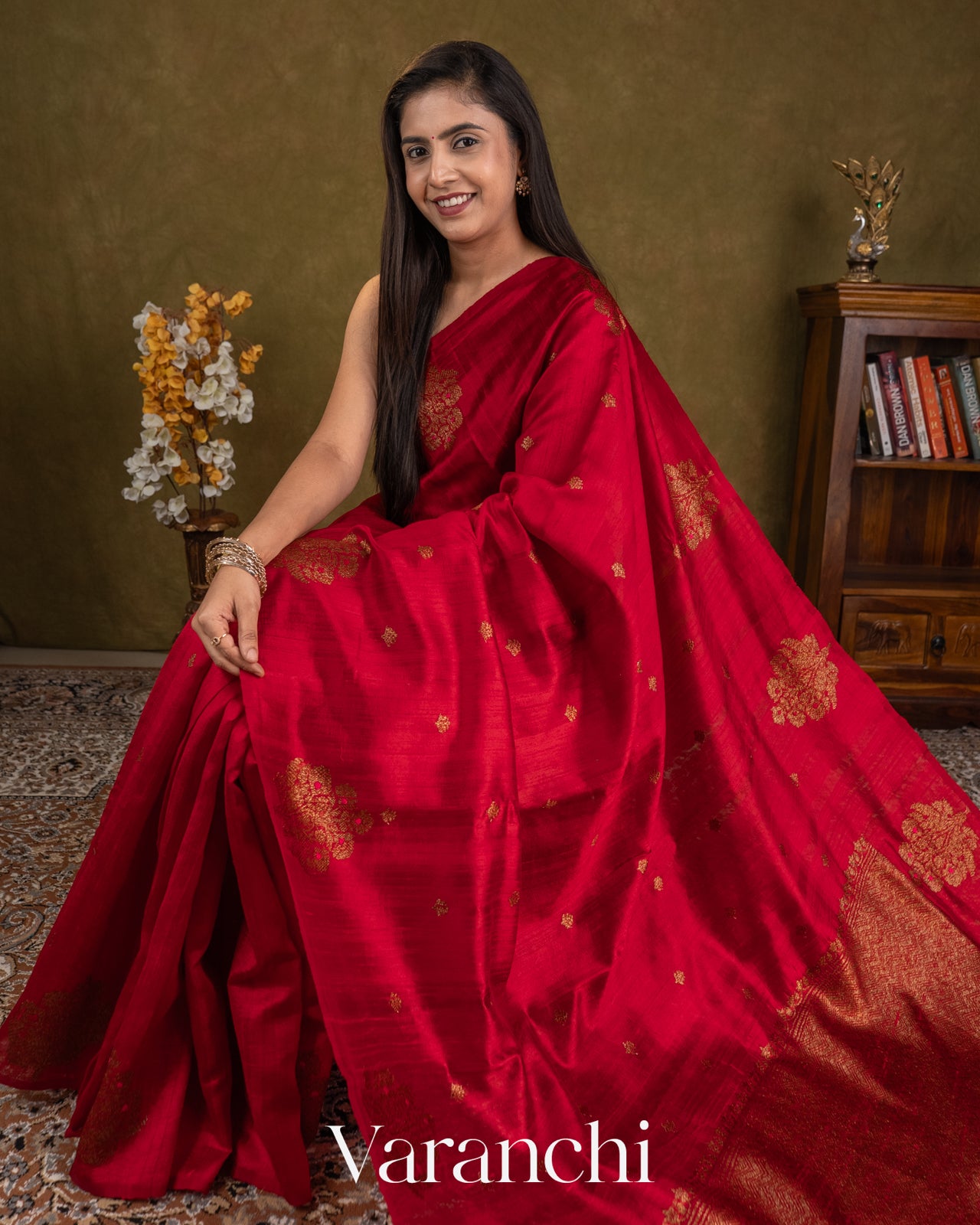 Ruby Red Borderless Pure Raw Silk Handloom Saree — Draped