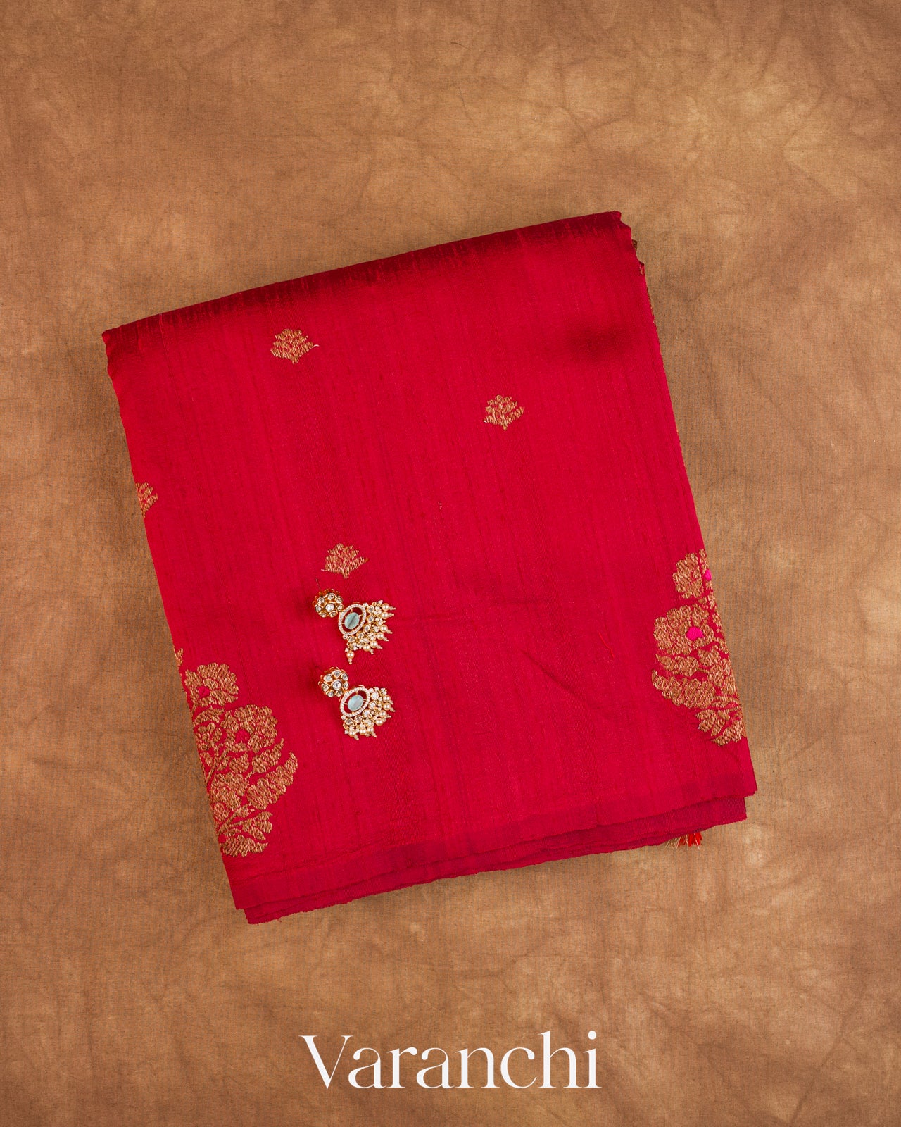 Ruby Red Borderless Pure Raw Silk Handloom Saree — Folded