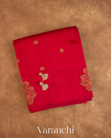 Ruby Red Borderless Pure Raw Silk Handloom Saree — Folded