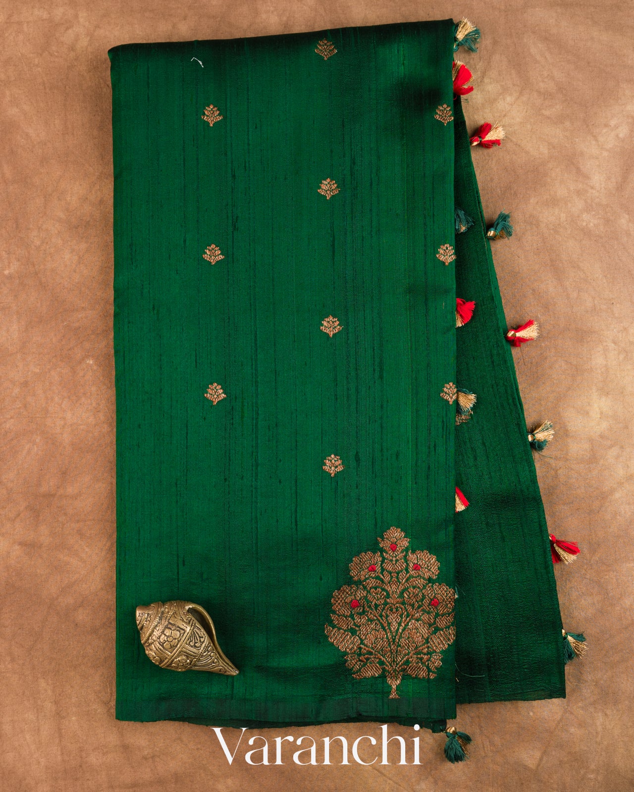 Bottle Green Borderless Pure Raw Silk Handloom Saree — Full Saree