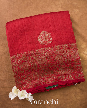 Wine Red Pure Raw Silk Handloom Saree — Folded