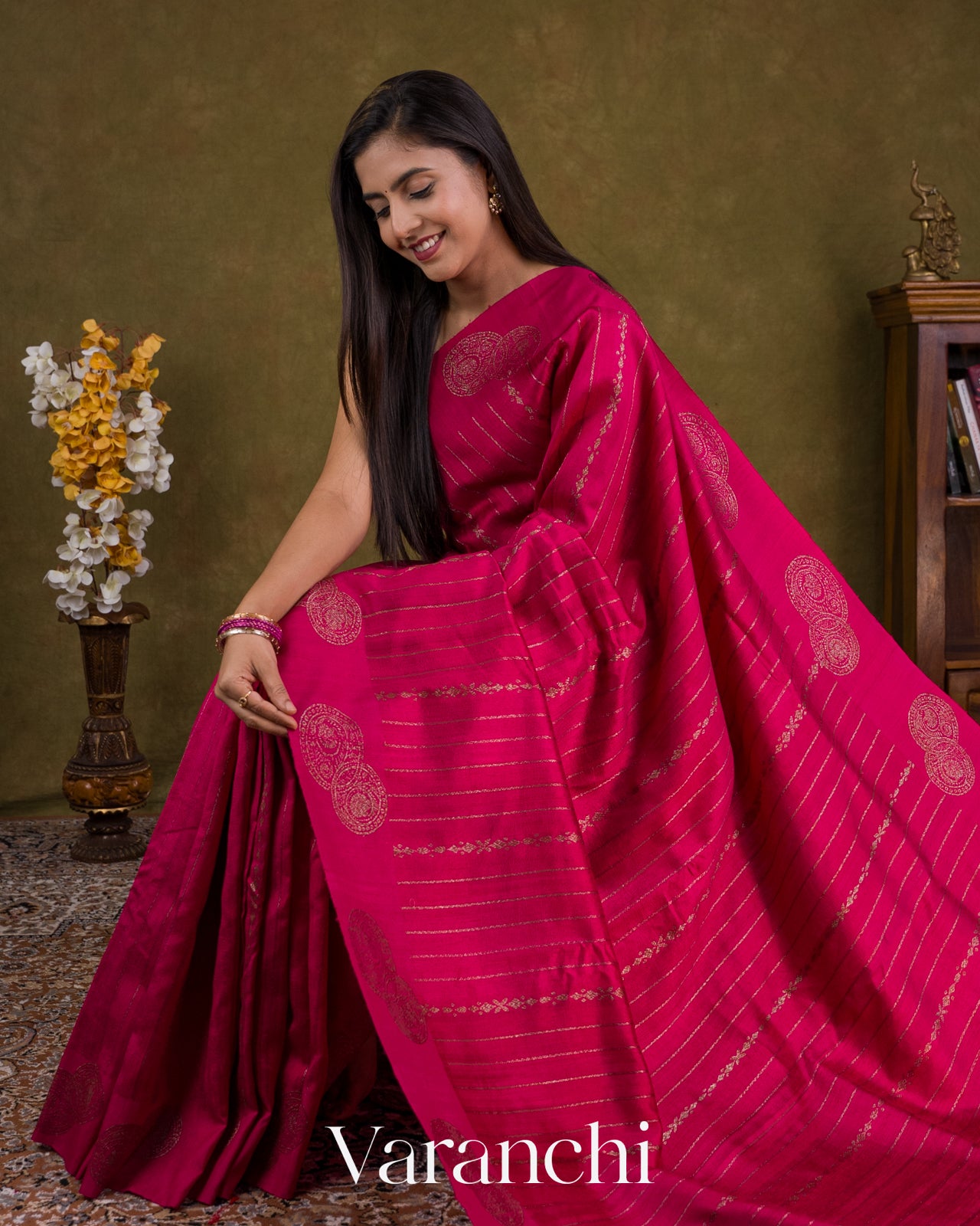Rani Pink Striped Pure Raw Silk Handloom Saree — Draped