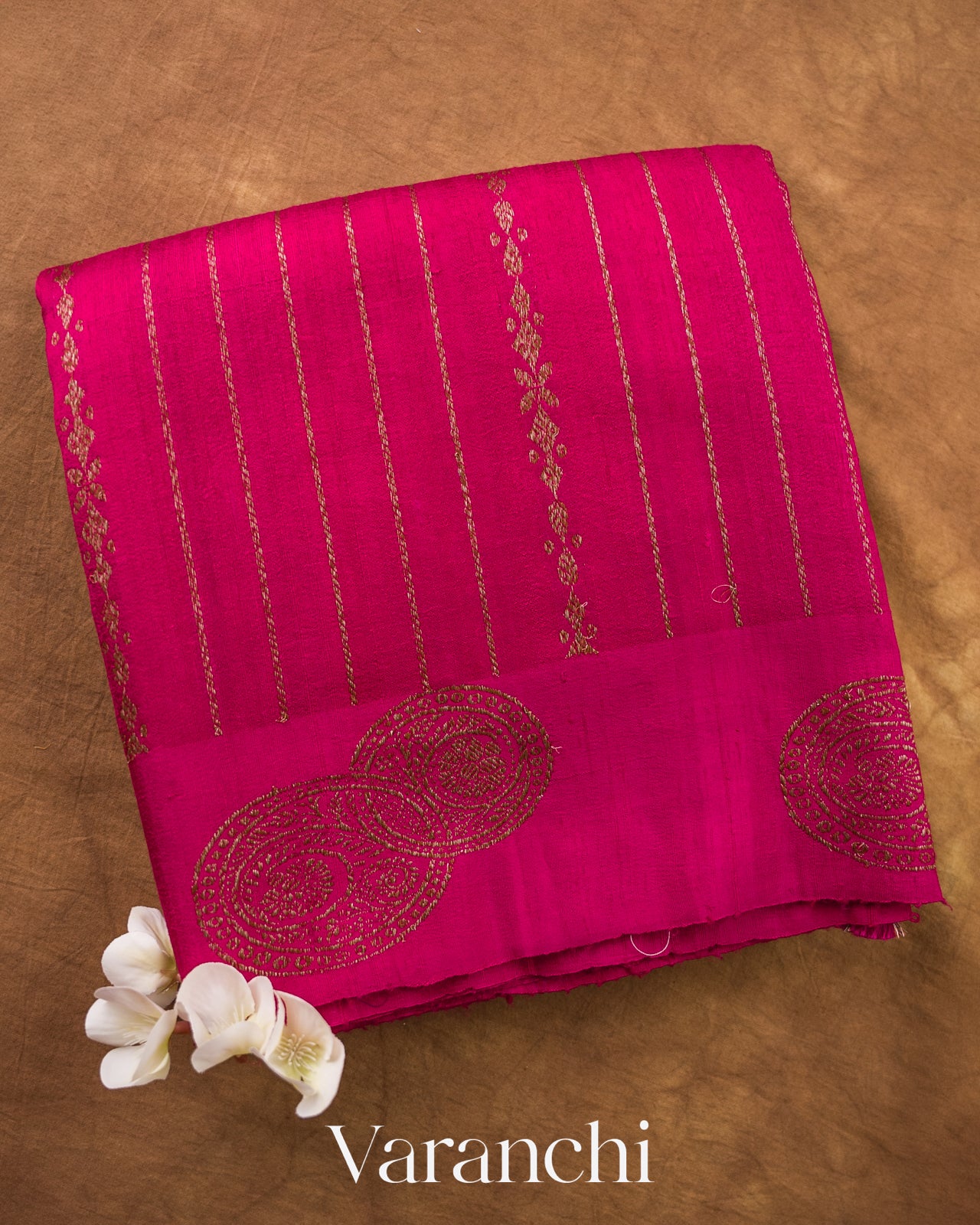 Rani Pink Striped Pure Raw Silk Handloom Saree — Folded