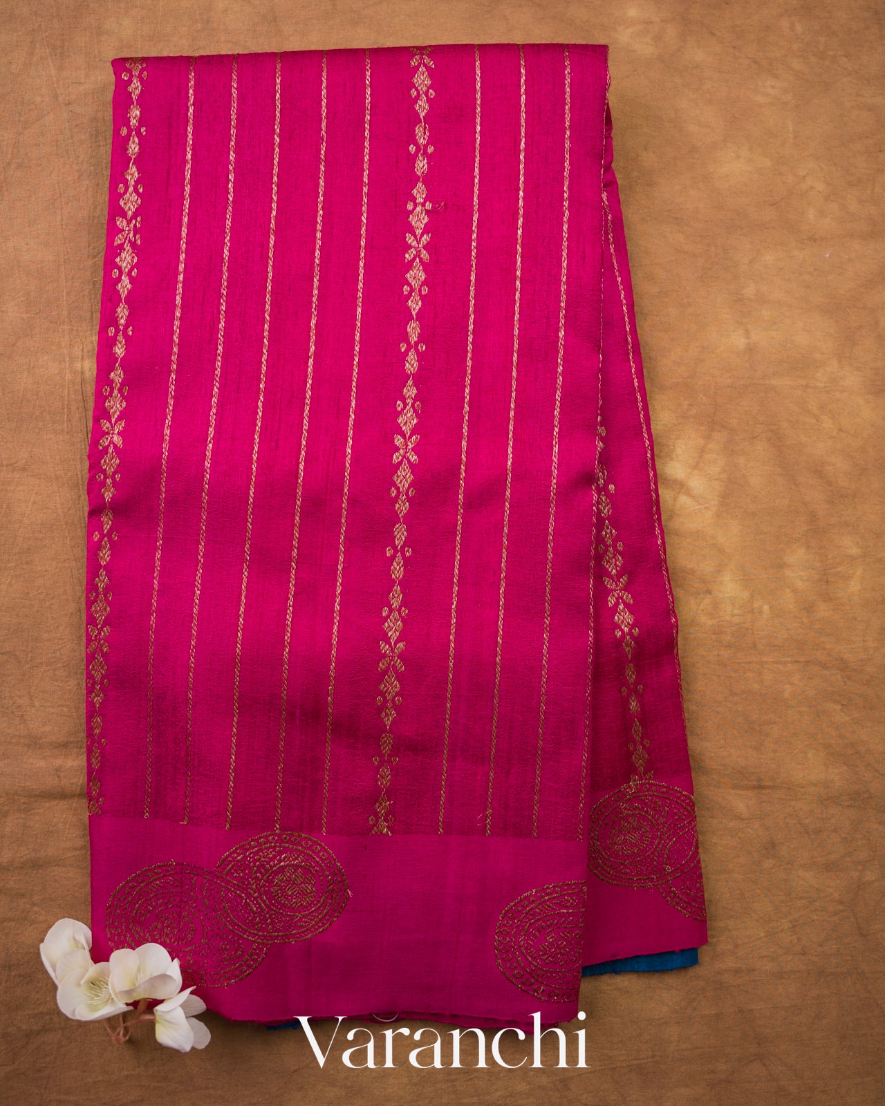 Rani Pink Striped Pure Raw Silk Handloom Saree — Full Saree