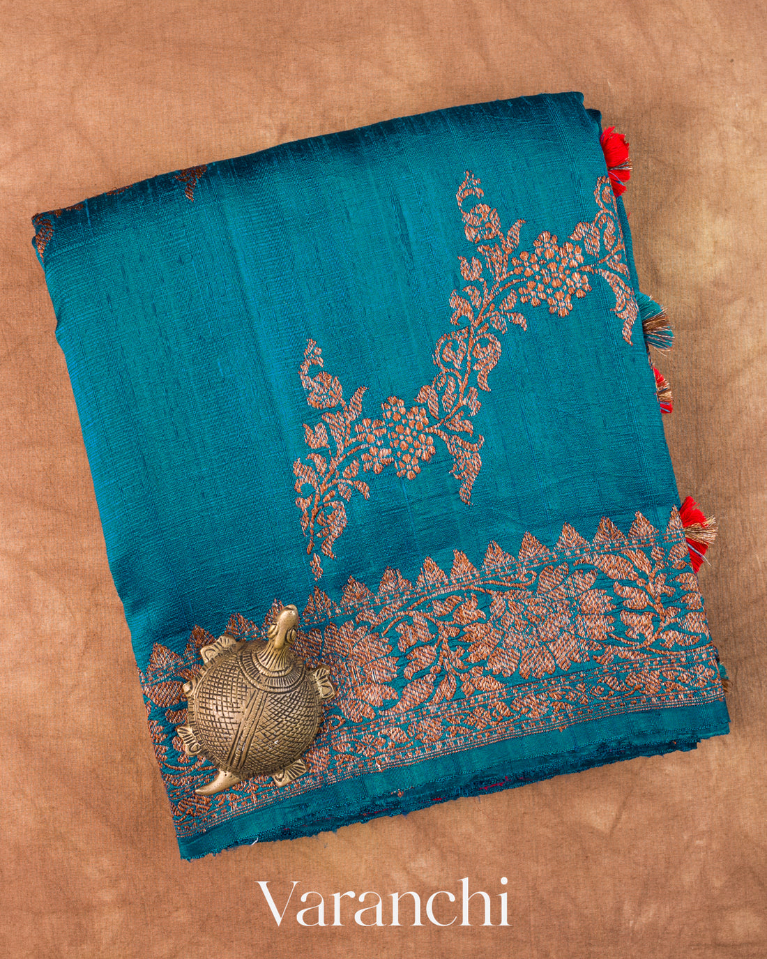 Royal Blue Floral Lehariya Pure Raw Silk Handloom Saree — Folded