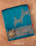 Royal Blue Floral Lehariya Pure Raw Silk Handloom Saree — Folded