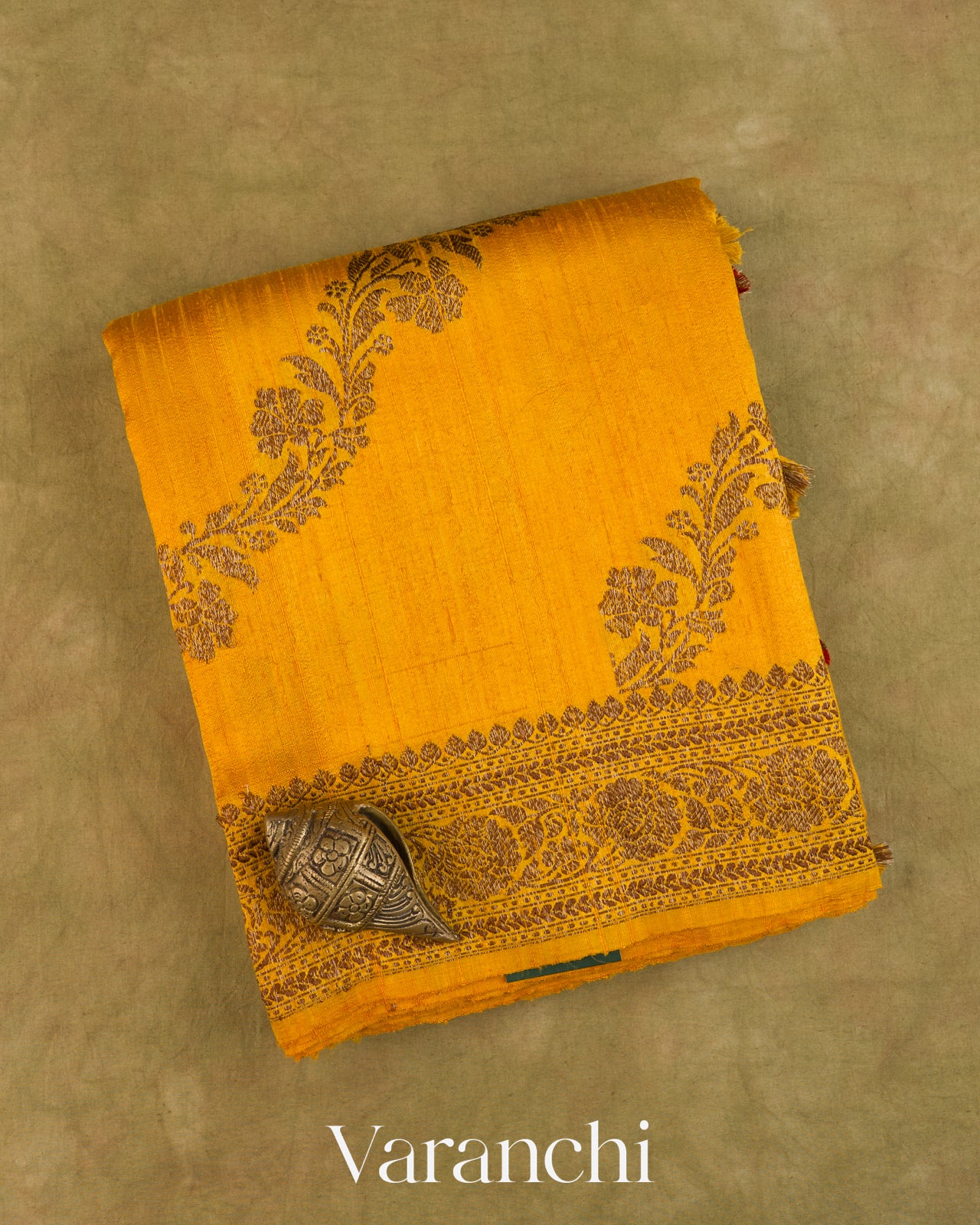 Marigold Yellow Lehariya Pure Raw Silk Handloom Saree — Folded