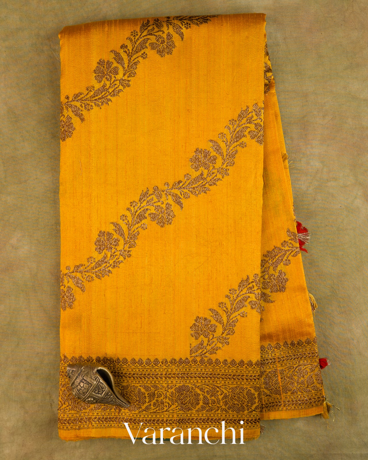 Marigold Yellow Lehariya Pure Raw Silk Handloom Saree — Full Saree