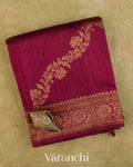 Wine Maroon Floral Lehariya Pure Raw Silk Handloom Saree — Folded
