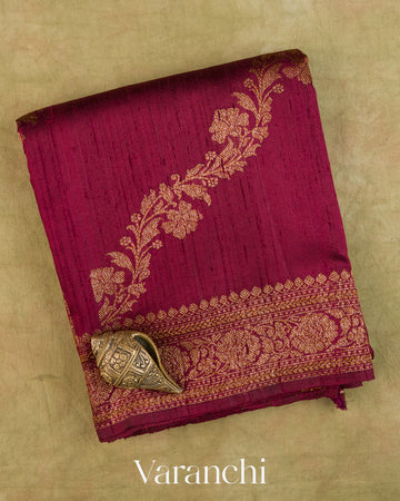 Wine Maroon Floral Lehariya Pure Raw Silk Handloom Saree — Folded