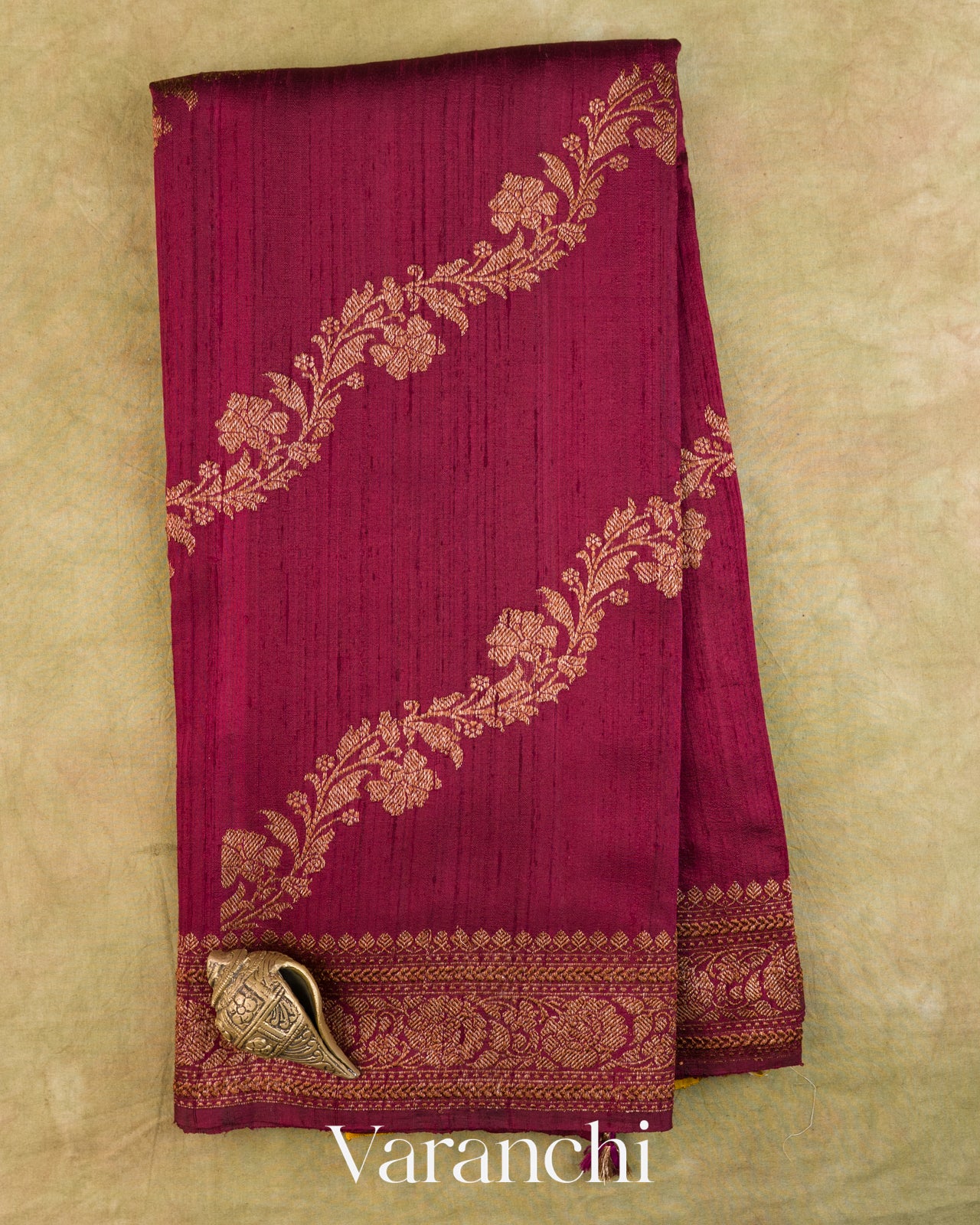 Wine Maroon Floral Lehariya Pure Raw Silk Handloom Saree — Full Saree