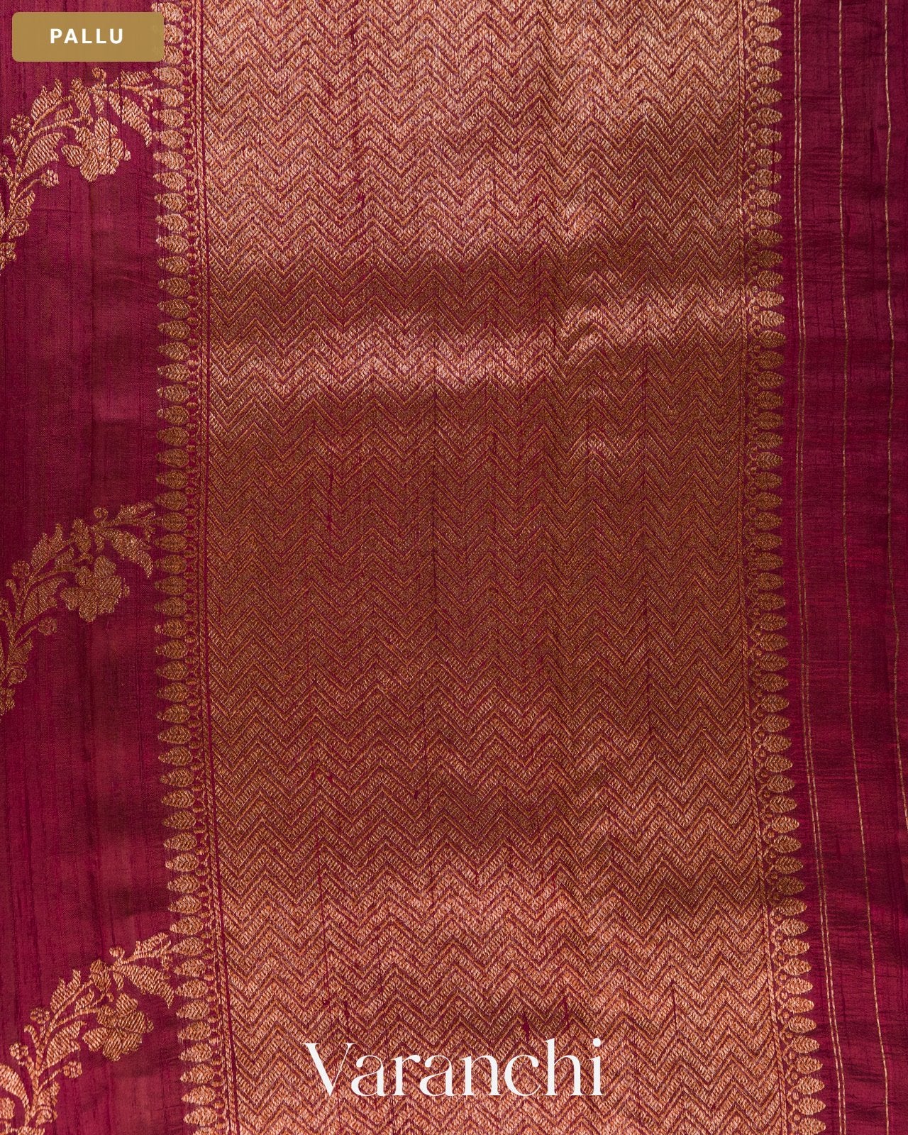 Wine Maroon Floral Lehariya Pure Raw Silk Handloom Saree — Pallu