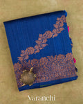 Royal Blue Floral Lehariya Pure Raw Silk Handloom Saree — Folded