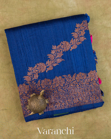 Royal Blue Floral Lehariya Pure Raw Silk Handloom Saree — Folded
