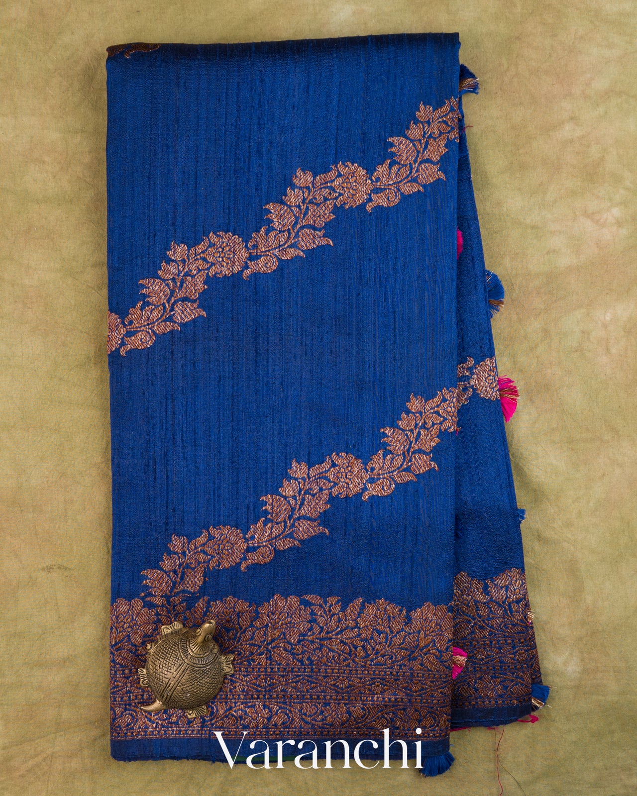Royal Blue Floral Lehariya Pure Raw Silk Handloom Saree — Full Saree