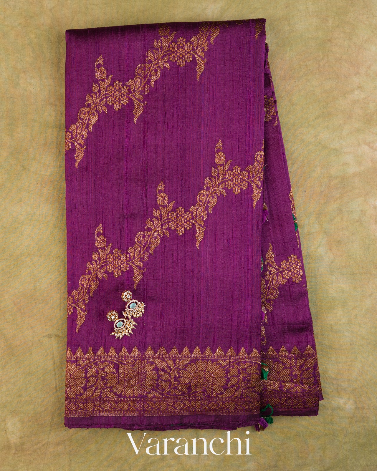 Wine Purple Floral Lehariya Pure Raw Silk Handloom Saree — Full Saree