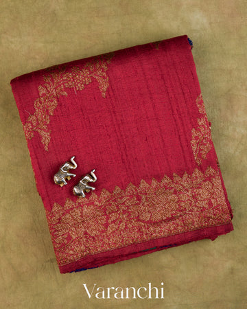Wine Red Floral Lehariya Pure Raw Silk Handloom Saree — Folded