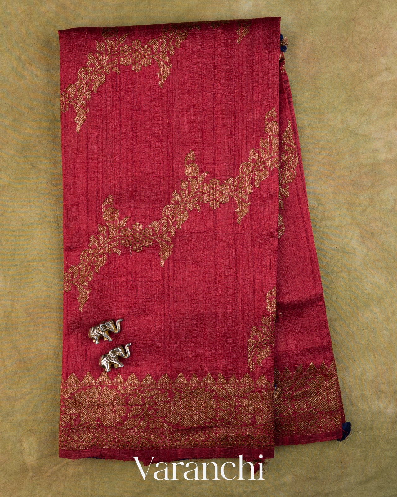Wine Red Floral Lehariya Pure Raw Silk Handloom Saree — Full Saree