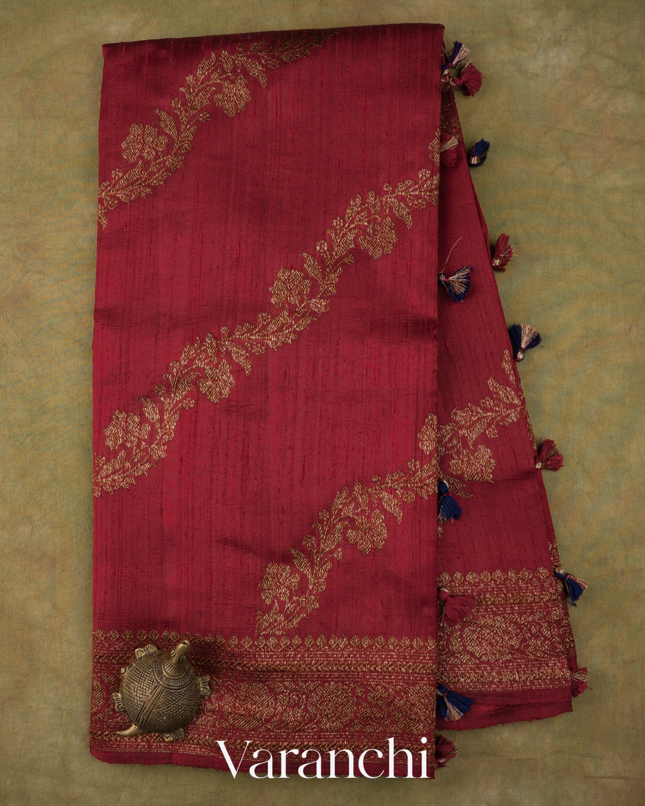 Maroon Floral Lehariya Pure Raw Silk Handloom Saree — Full Saree