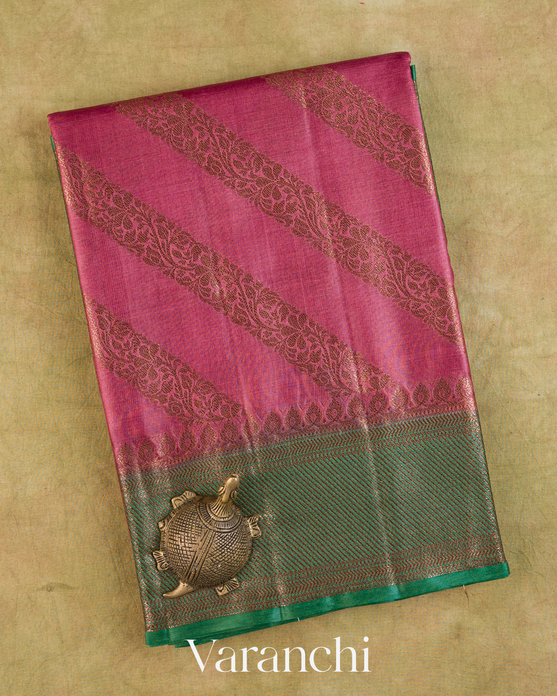 Onion Pink Lehariya Pure Tussar Silk Saree — Folded