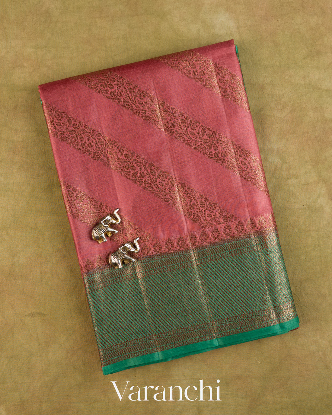 Coral Pink Lehariya Pure Tussar Silk Saree — Folded