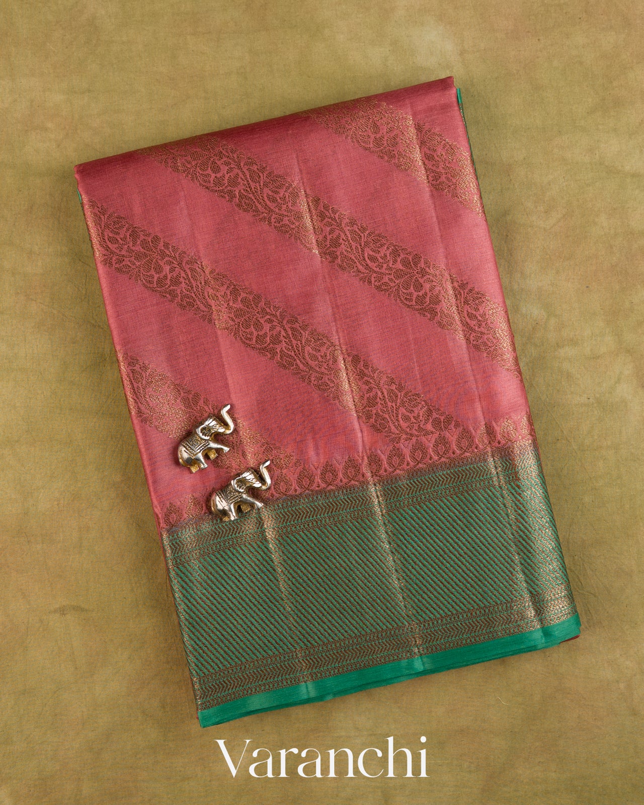 Coral Pink Lehariya Pure Tussar Silk Saree — Folded