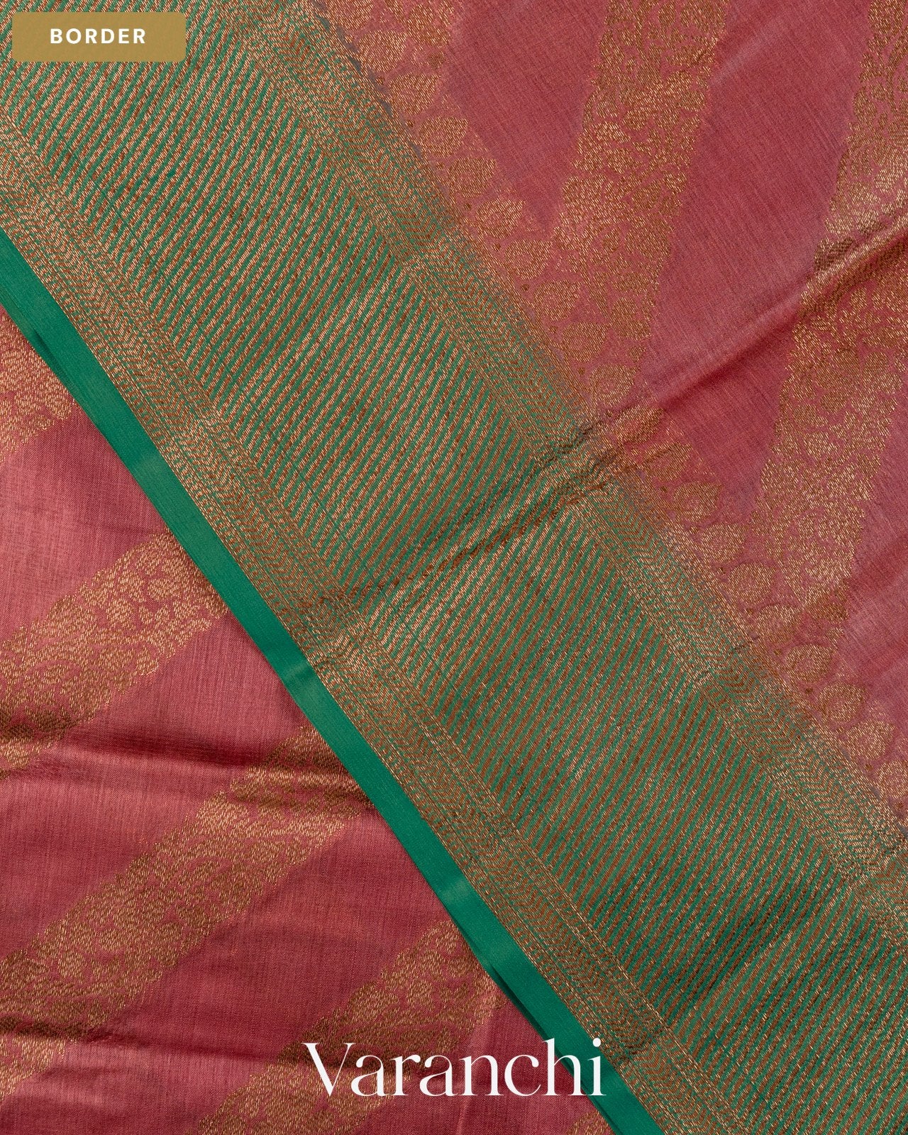 Coral Pink Lehariya Pure Tussar Silk Saree — Border