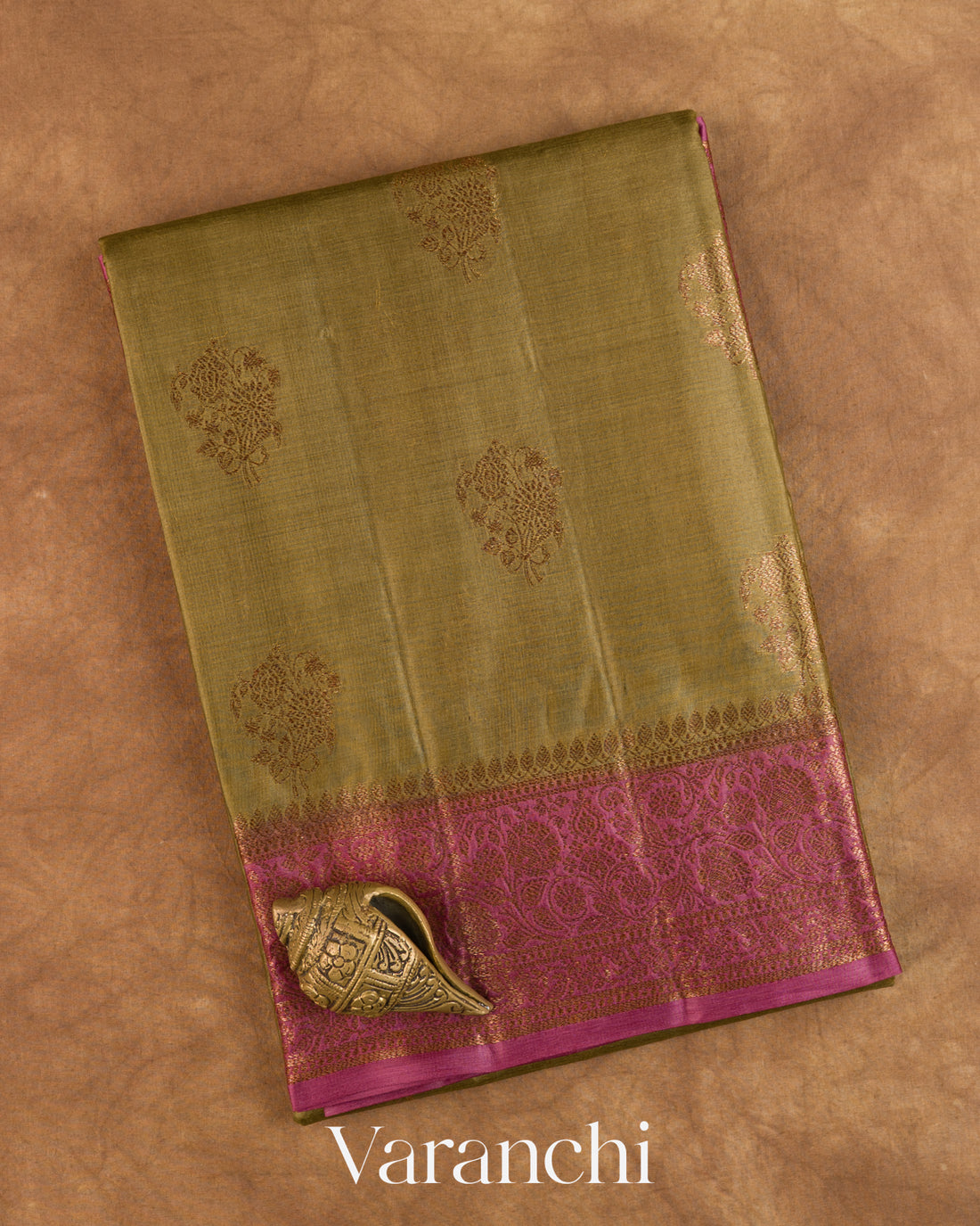 Mehandi Green Pure Tussar Silk Saree — Folded