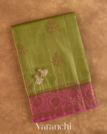 Olive Green Pure Tussar Silk Saree — Folded