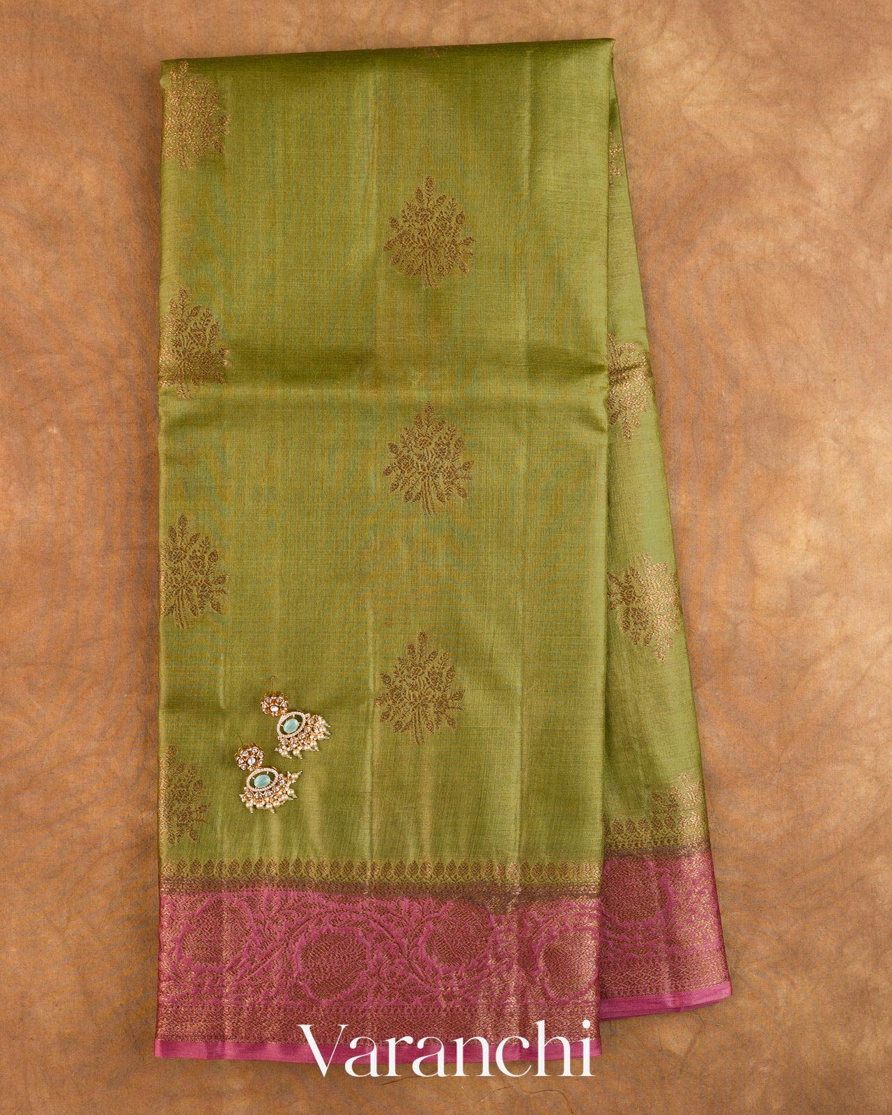 Olive Green Pure Tussar Silk Saree — Full Saree