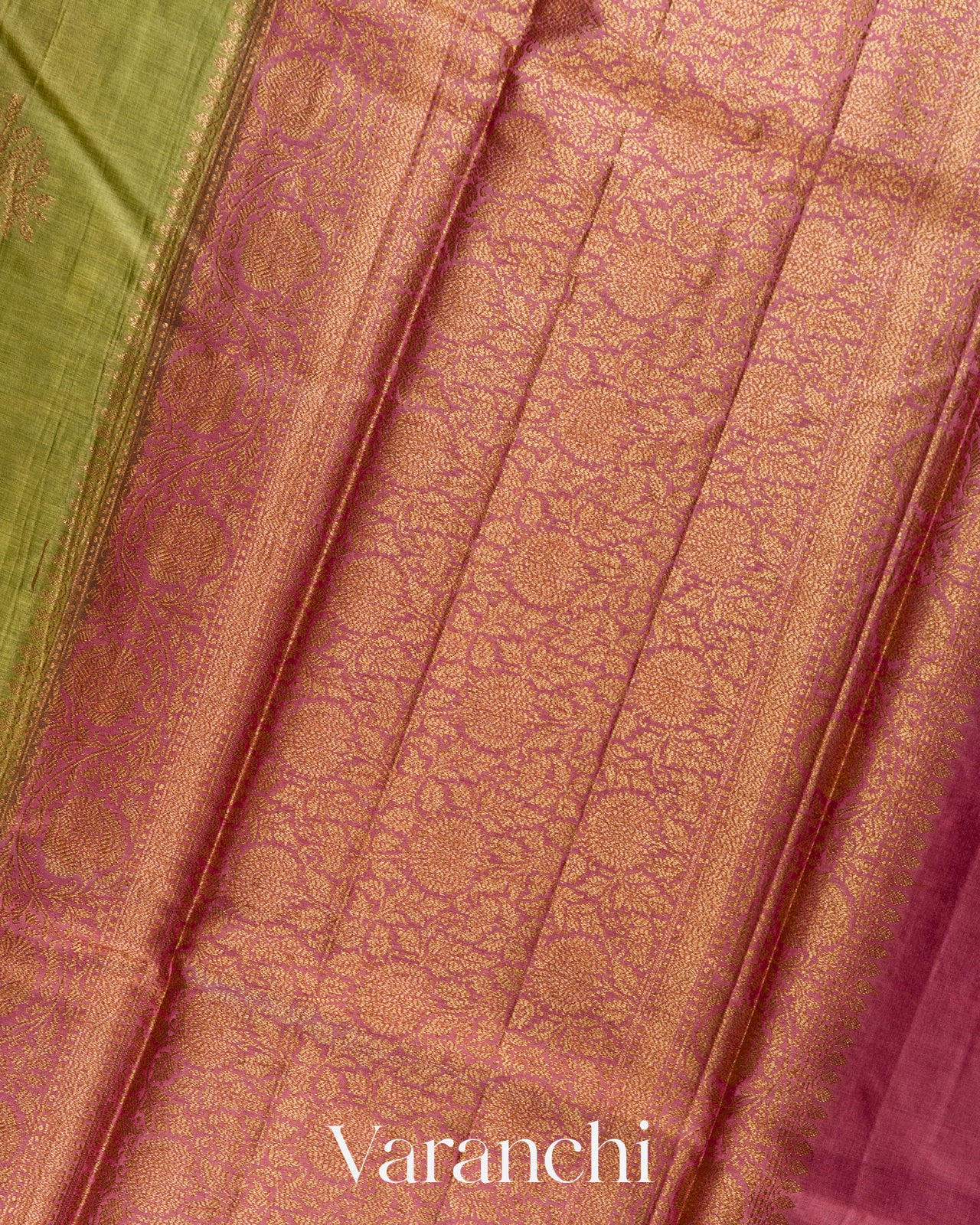 Olive Green Pure Tussar Silk Saree-Pallu