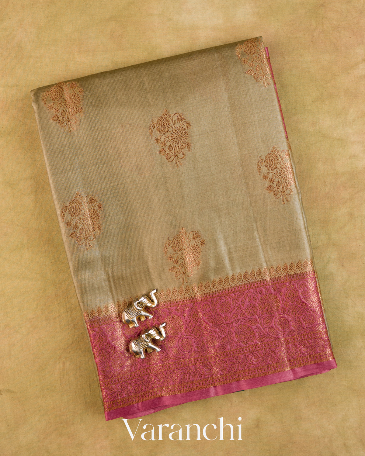 Warm Grey Pure Tussar Silk Saree — Folded