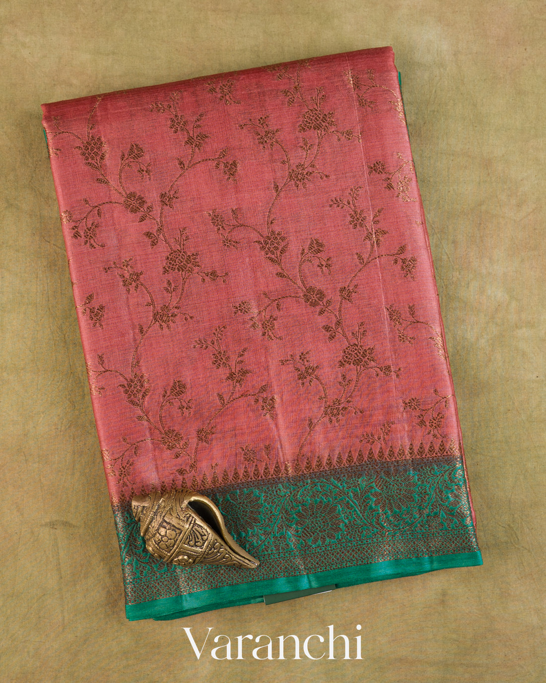 Dusty Rose Floral Jaal Pure Tussar Silk Saree — Folded