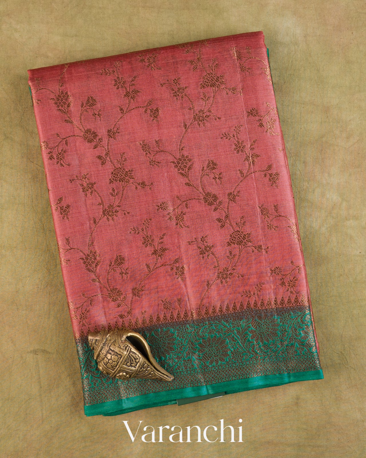 Dusty Rose Floral Jaal Pure Tussar Silk Saree — Folded