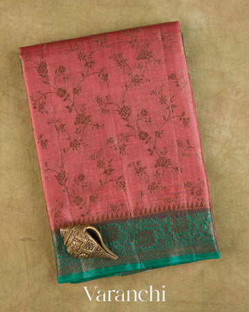 Dusty Rose Floral Jaal Pure Tussar Silk Saree — Folded