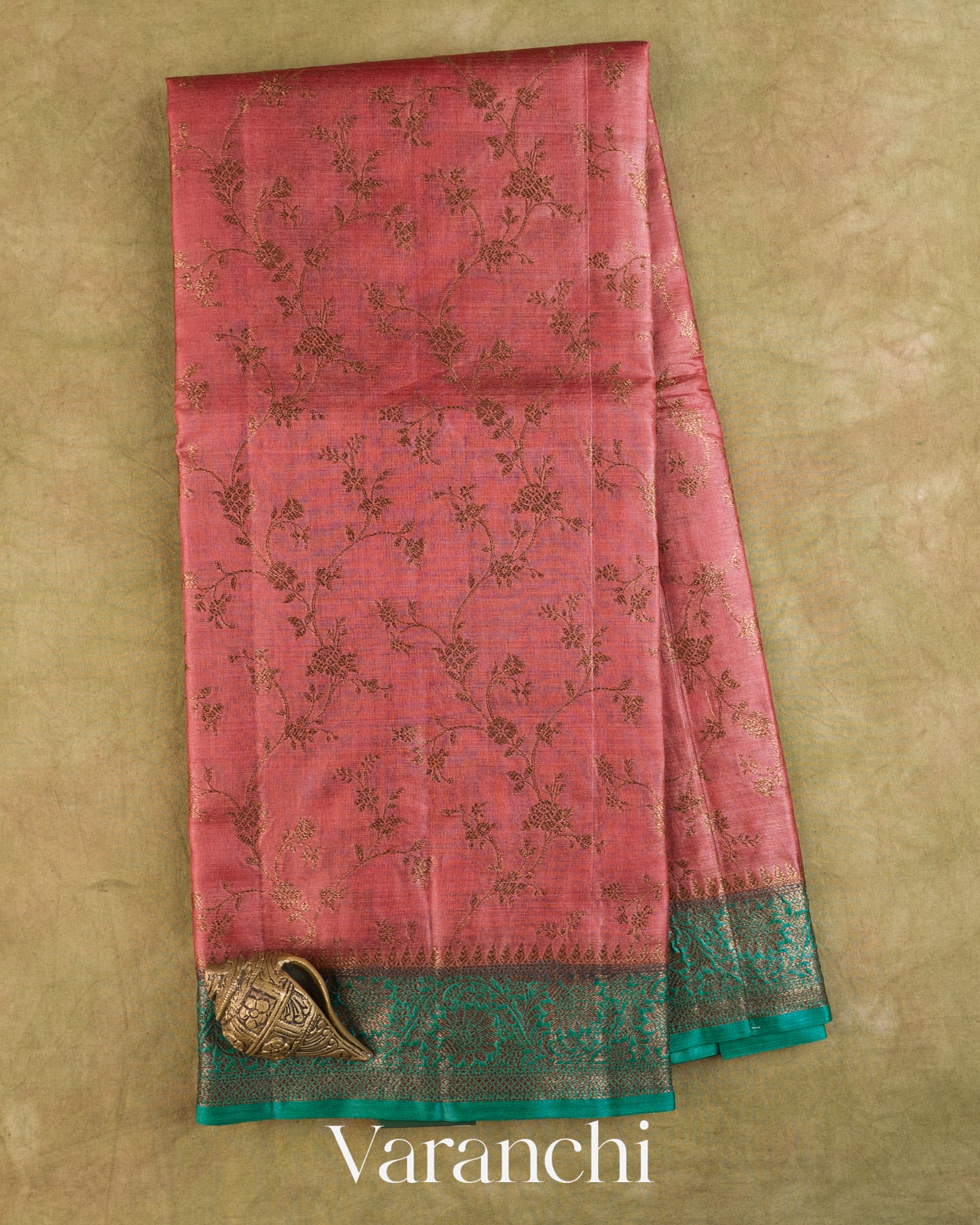 Dusty Rose Floral Jaal Pure Tussar Silk Saree — Full Saree