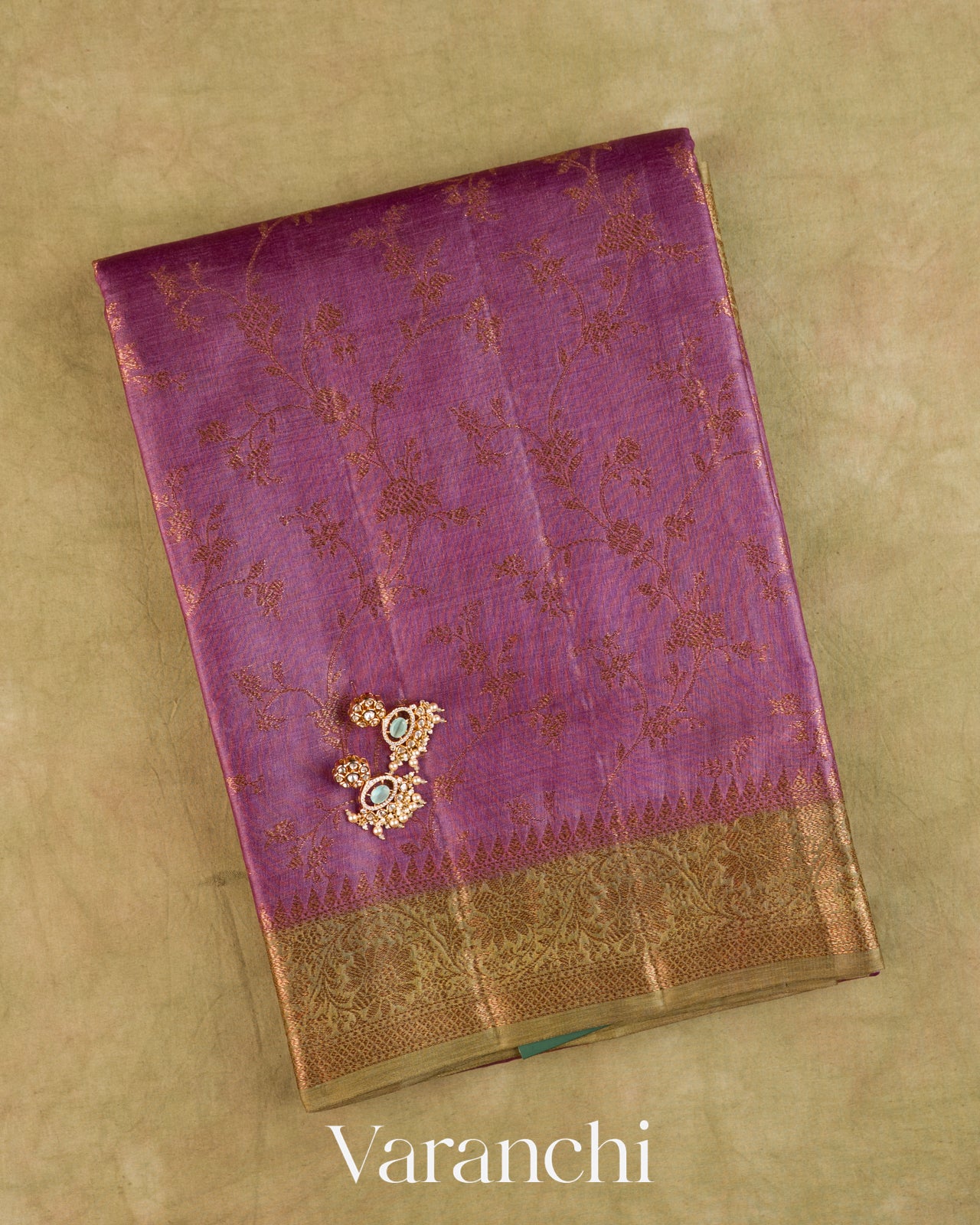 Mauve Floral Jaal Pure Tussar Silk Saree — Folded