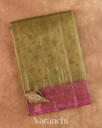 Olive Green Floral Jaal Pure Tussar Silk Saree — Folded